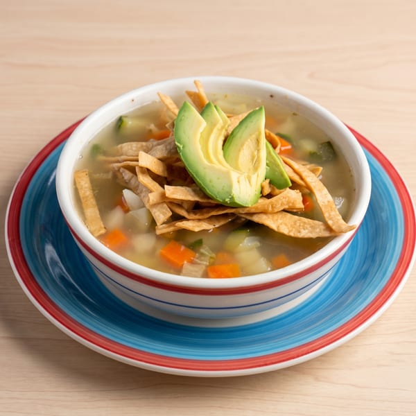 Chicken tortilla soup with avocado slices and tortilla strips in a striped bowl on a wooden table.
